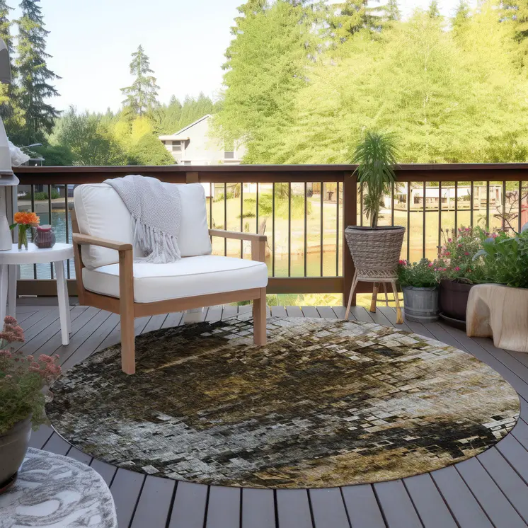 8' Brown And Copper Round Abstract Washable Indoor Outdoor Area Rug