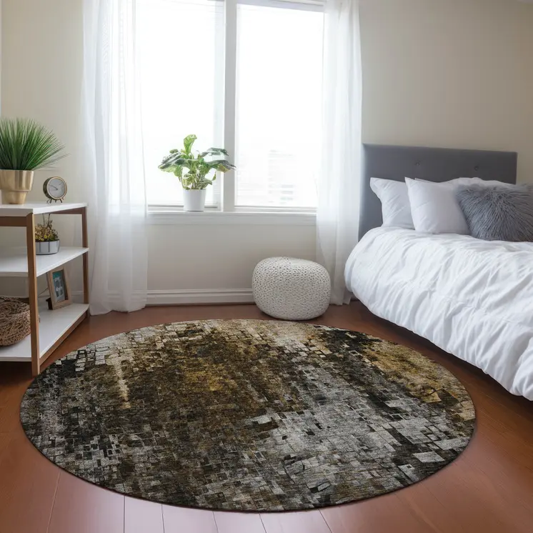 8' Brown And Copper Round Abstract Washable Indoor Outdoor Area Rug