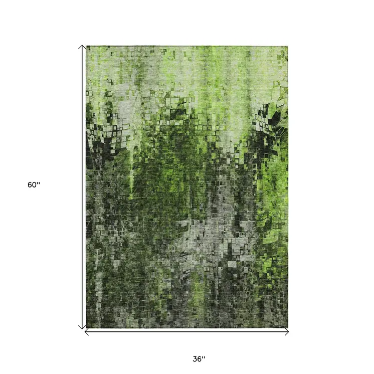 3' X 5' Green And Lime Green Abstract Washable Indoor Outdoor Area Rug