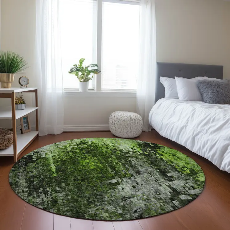 8' Green And Lime Green Round Abstract Washable Indoor Outdoor Area Rug