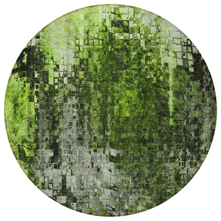 8' Green And Lime Green Round Abstract Washable Indoor Outdoor Area Rug