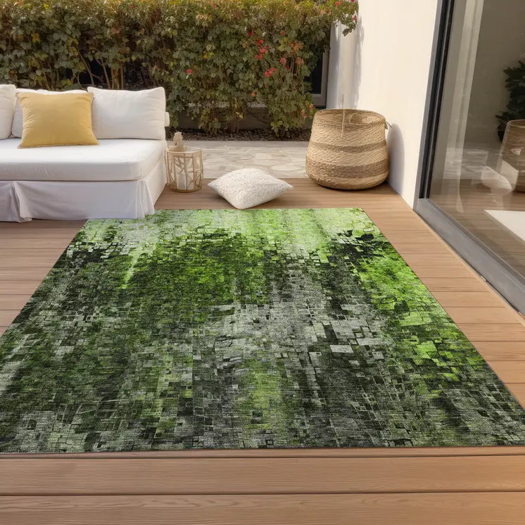 9' X 12' Green And Lime Green Abstract Washable Indoor Outdoor Area Rug