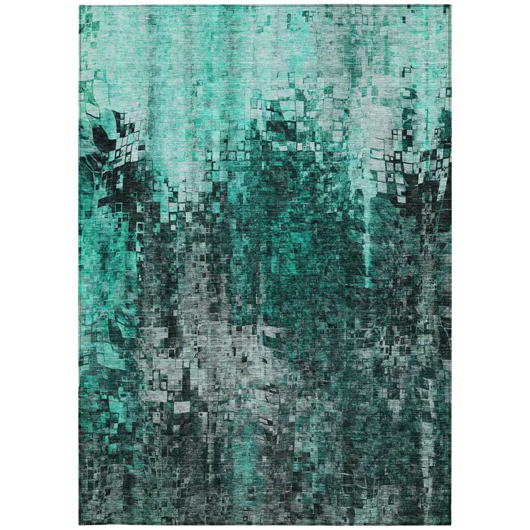 10' X 14' Teal Blue Aqua And Gray Abstract Washable Indoor Outdoor Area Rug
