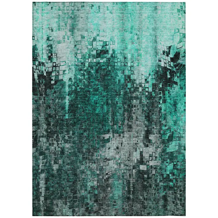 10' X 14' Teal Blue Aqua And Gray Abstract Washable Indoor Outdoor Area Rug