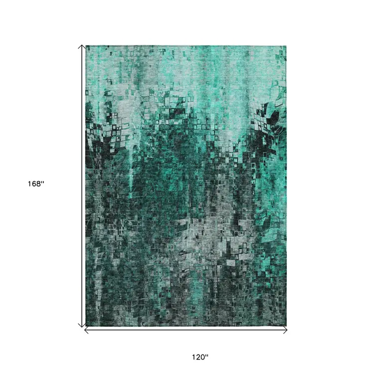 10' X 14' Teal Blue Aqua And Gray Abstract Washable Indoor Outdoor Area Rug