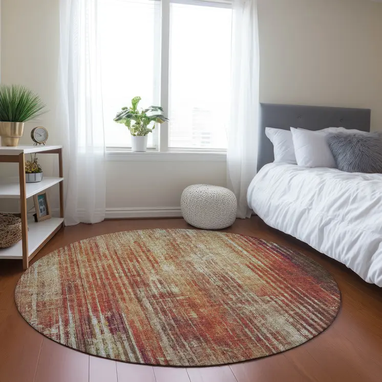 8' Orange Beige And Taupe Round Striped Washable Indoor Outdoor Area Rug