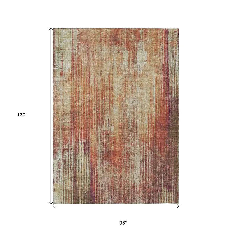 8' X 10' Orange Beige And Taupe Striped Washable Indoor Outdoor Area Rug