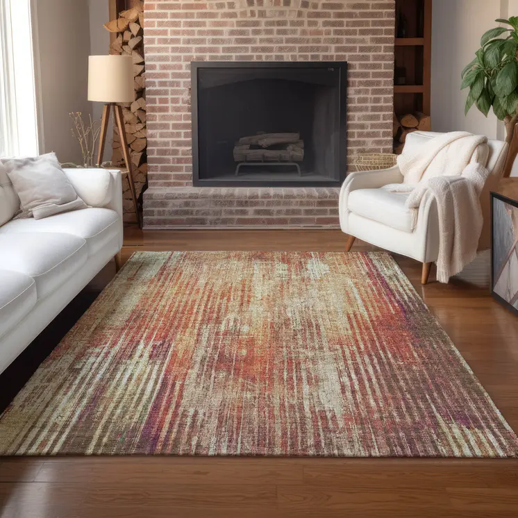 8' X 10' Orange Beige And Taupe Striped Washable Indoor Outdoor Area Rug