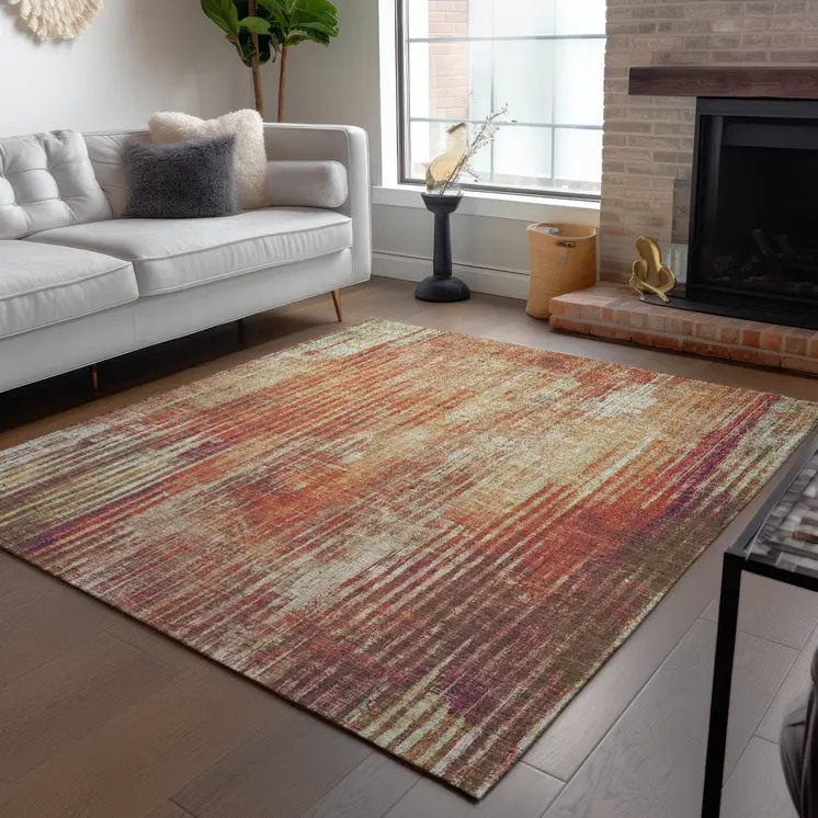 8' X 10' Orange Beige And Taupe Striped Washable Indoor Outdoor Area Rug