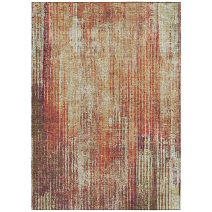 9' X 12' Orange Beige And Taupe Striped Washable Indoor Outdoor Area Rug