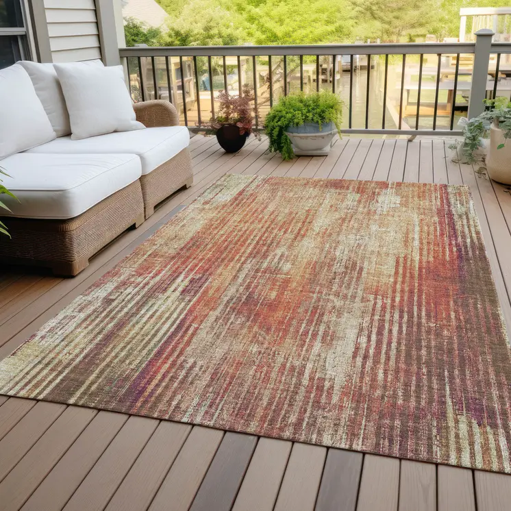 9' X 12' Orange Beige And Taupe Striped Washable Indoor Outdoor Area Rug