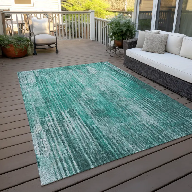 10' X 14' Teal Blue Aqua And Gray Striped Washable Indoor Outdoor Area Rug
