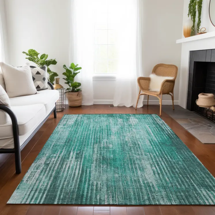10' X 14' Teal Blue Aqua And Gray Striped Washable Indoor Outdoor Area Rug