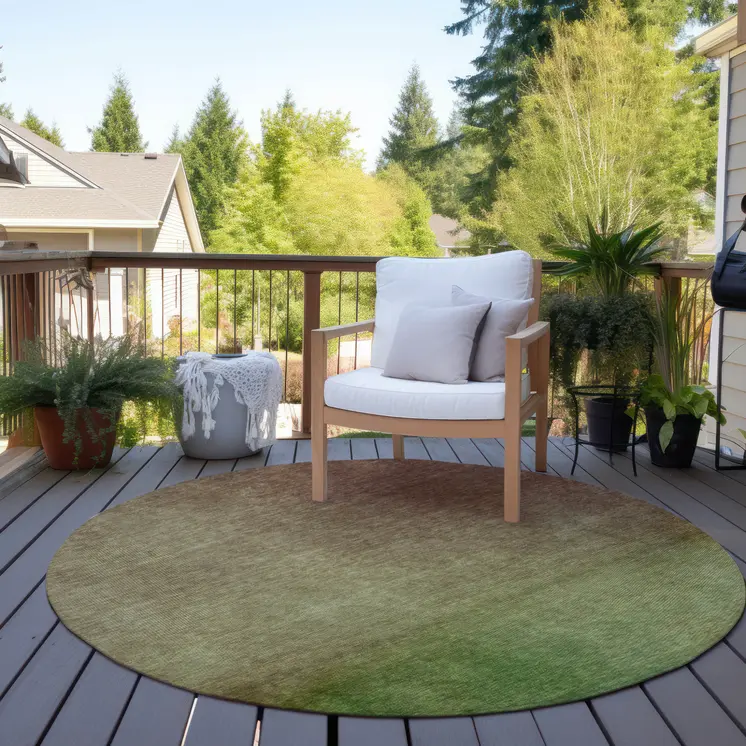 8' Blush Taupe And Green Round Ombre Washable Indoor Outdoor Area Rug