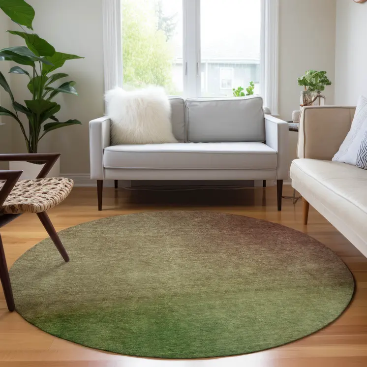 8' Blush Taupe And Green Round Ombre Washable Indoor Outdoor Area Rug
