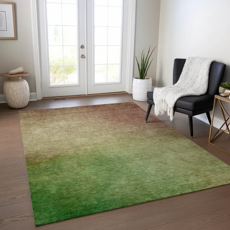 10' X 14' Blush Taupe And Green Ombre Washable Indoor Outdoor Area Rug