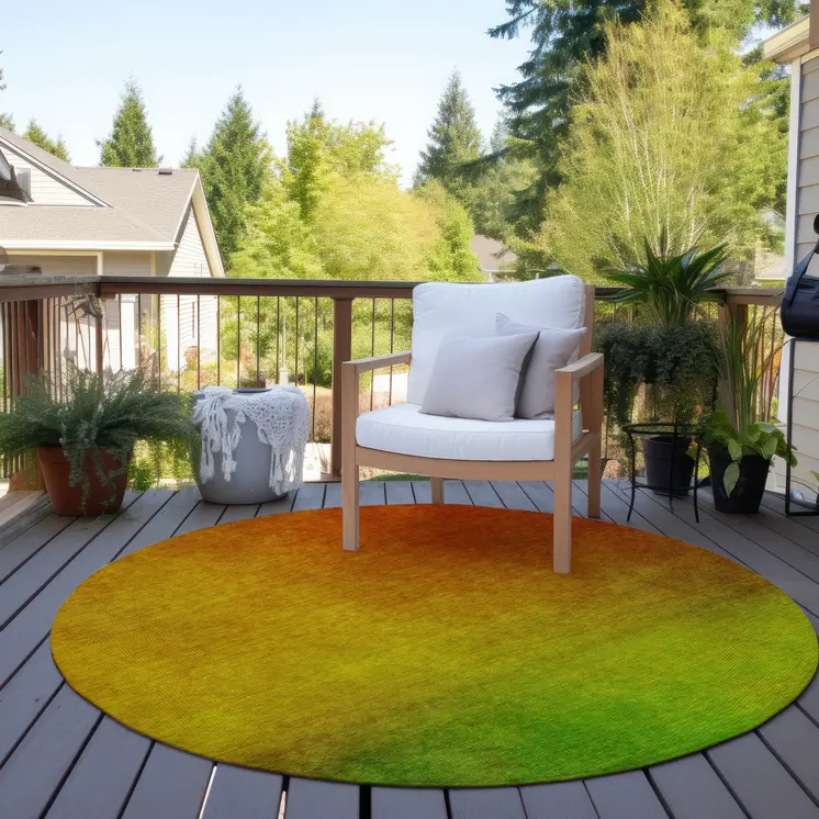8' Terra Cotta Gold And Green Round Ombre Washable Indoor Outdoor Area Rug