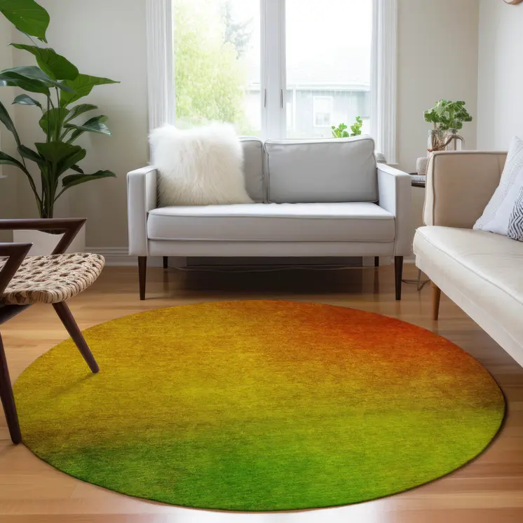 8' Terra Cotta Gold And Green Round Ombre Washable Indoor Outdoor Area Rug