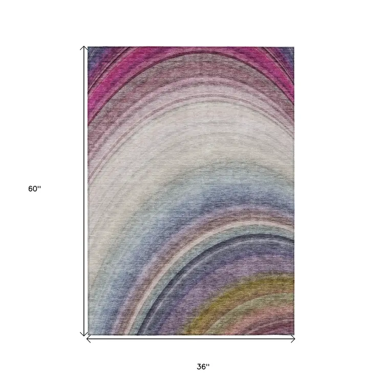 3' X 5' Beige Purple And Ivory Abstract Washable Indoor Outdoor Area Rug