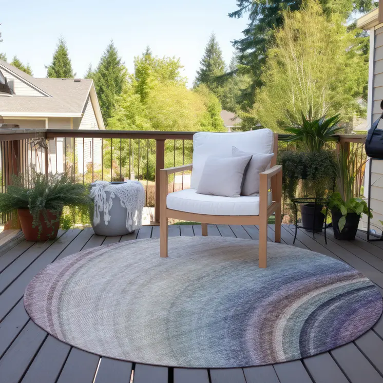 8' Beige Purple And Ivory Round Abstract Washable Indoor Outdoor Area Rug