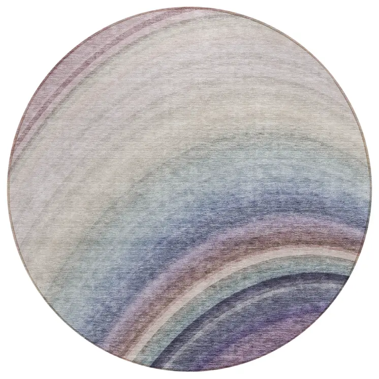 8' Beige Purple And Ivory Round Abstract Washable Indoor Outdoor Area Rug
