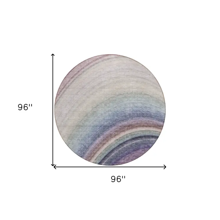 8' Beige Purple And Ivory Round Abstract Washable Indoor Outdoor Area Rug
