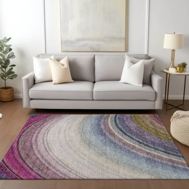 8' X 10' Beige Purple And Ivory Abstract Washable Indoor Outdoor Area Rug