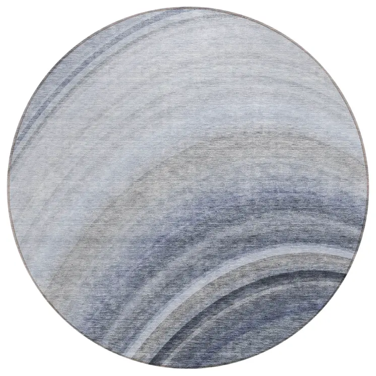 8' Denim Blue And Navy Blue Round Abstract Washable Indoor Outdoor Area Rug