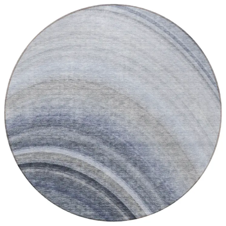 8' Denim Blue And Navy Blue Round Abstract Washable Indoor Outdoor Area Rug