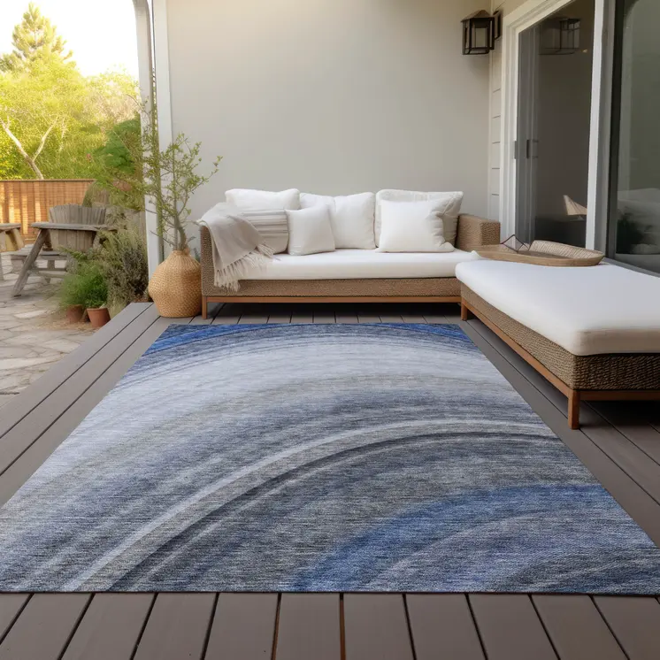 8' X 10' Denim Blue And Navy Blue Abstract Washable Indoor Outdoor Area Rug
