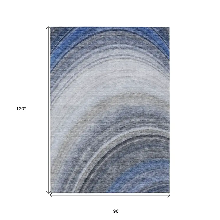 8' X 10' Denim Blue And Navy Blue Abstract Washable Indoor Outdoor Area Rug