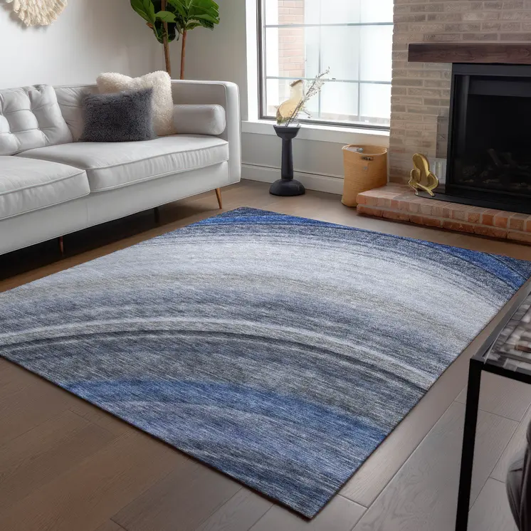 8' X 10' Denim Blue And Navy Blue Abstract Washable Indoor Outdoor Area Rug