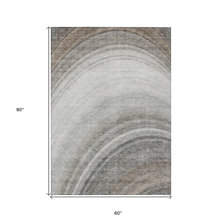 5' X 8' Gray Silver And Beige Abstract Washable Indoor Outdoor Area Rug