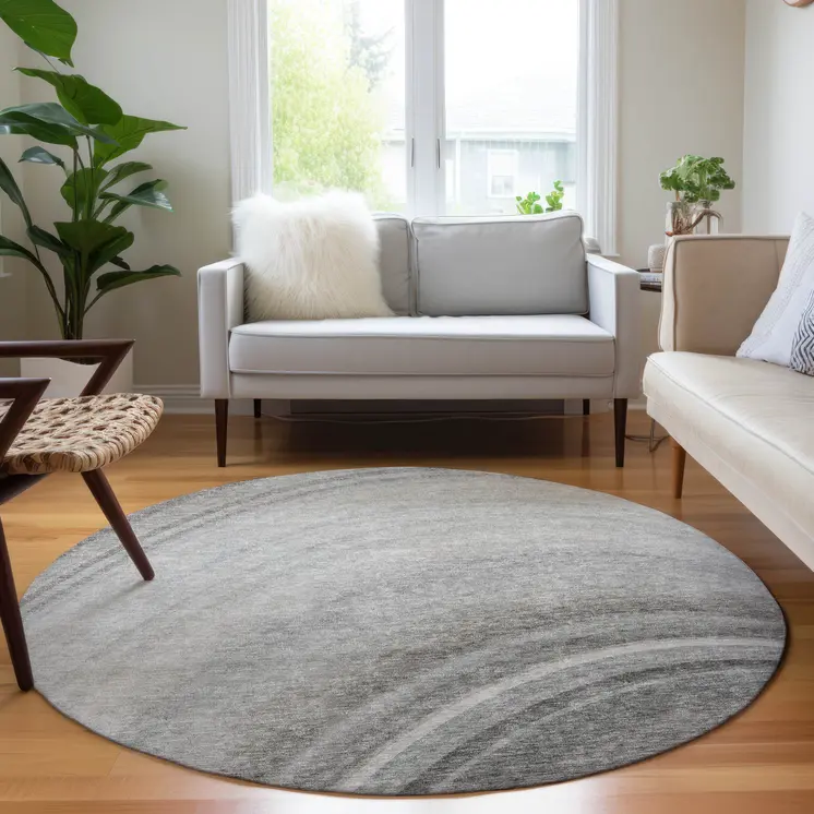 8' Gray Silver And Beige Round Abstract Washable Indoor Outdoor Area Rug