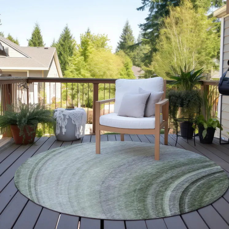 8' Green And Artichoke Green Round Abstract Washable Indoor Outdoor Area Rug