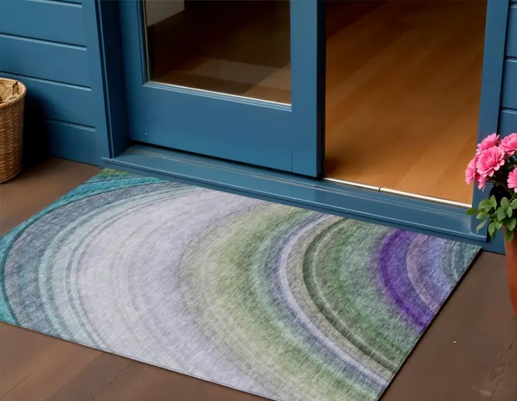 3' X 5' Teal Blue Artichoke Green And Green Abstract Washable Indoor Outdoor Area Rug