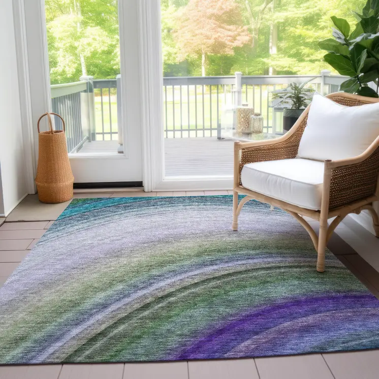 9' X 12' Teal Blue Artichoke Green And Green Abstract Washable Indoor Outdoor Area Rug