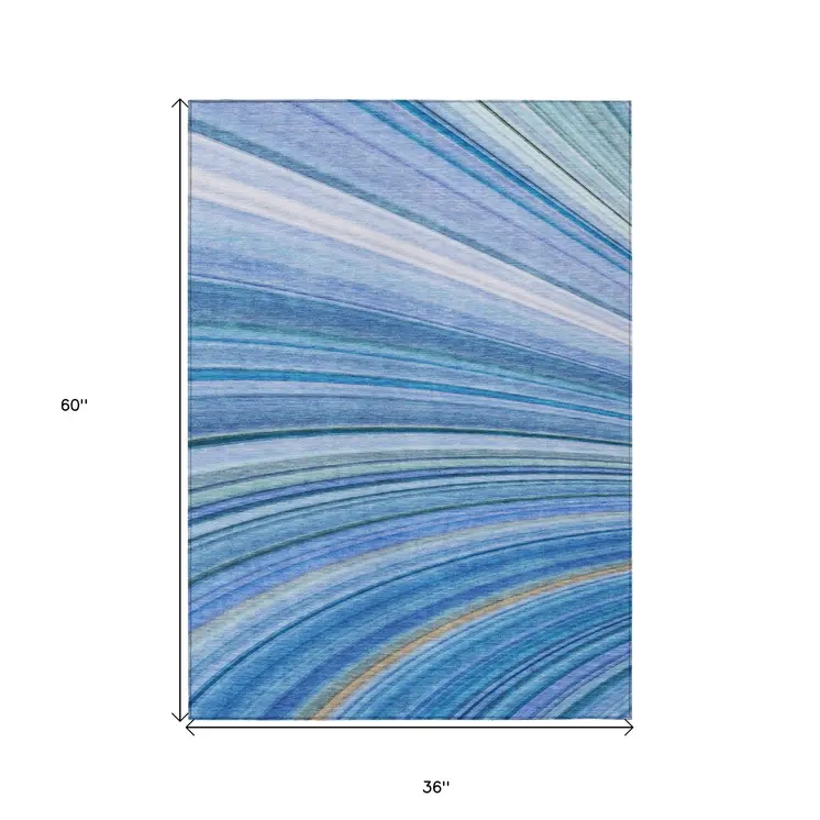3' X 5' Denim Blue And Sky Blue Abstract Washable Indoor Outdoor Area Rug