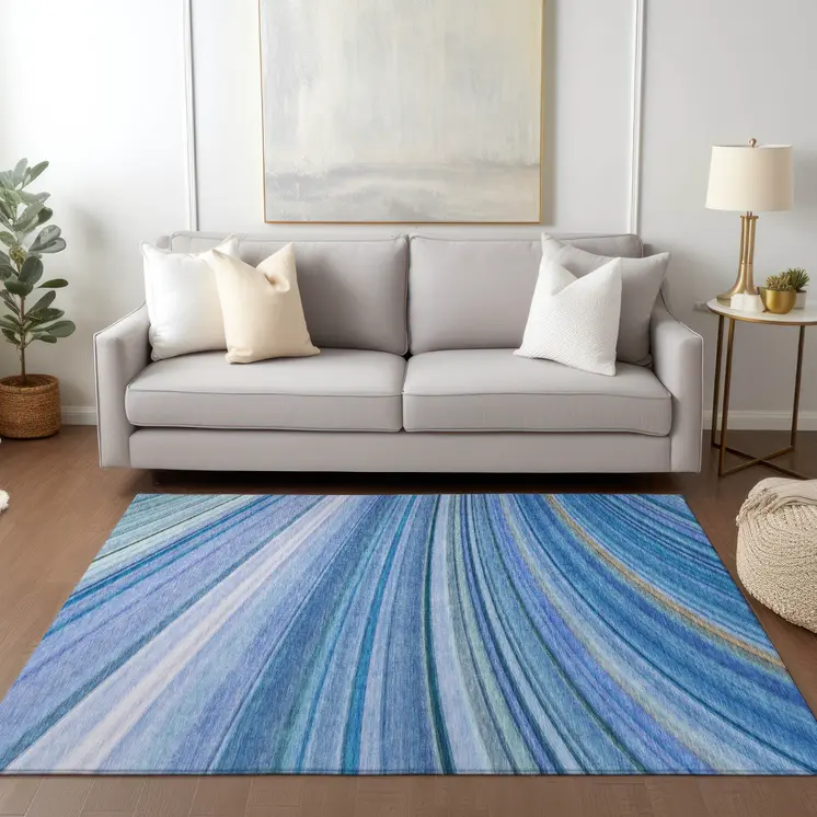 3' X 5' Denim Blue And Sky Blue Abstract Washable Indoor Outdoor Area Rug