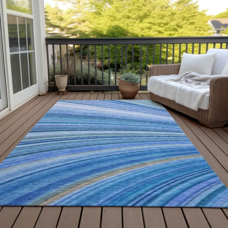 10' X 14' Denim Blue And Sky Blue Abstract Washable Indoor Outdoor Area Rug