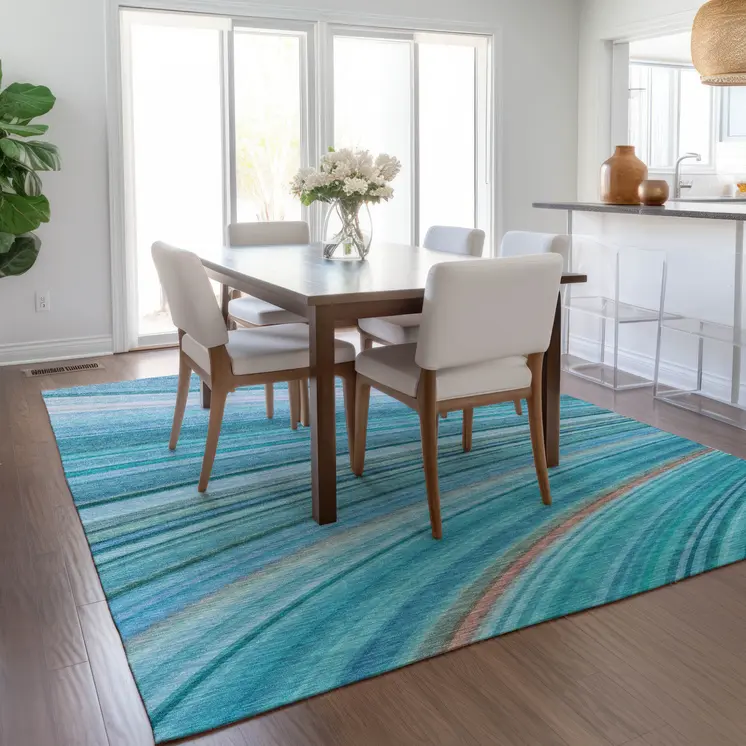 3' X 5' Teal Blue Aqua And Blue Abstract Washable Indoor Outdoor Area Rug