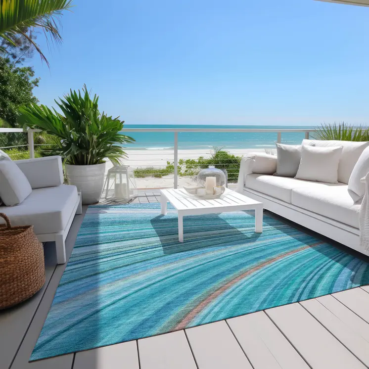5' X 8' Teal Blue Aqua And Blue Abstract Washable Indoor Outdoor Area Rug