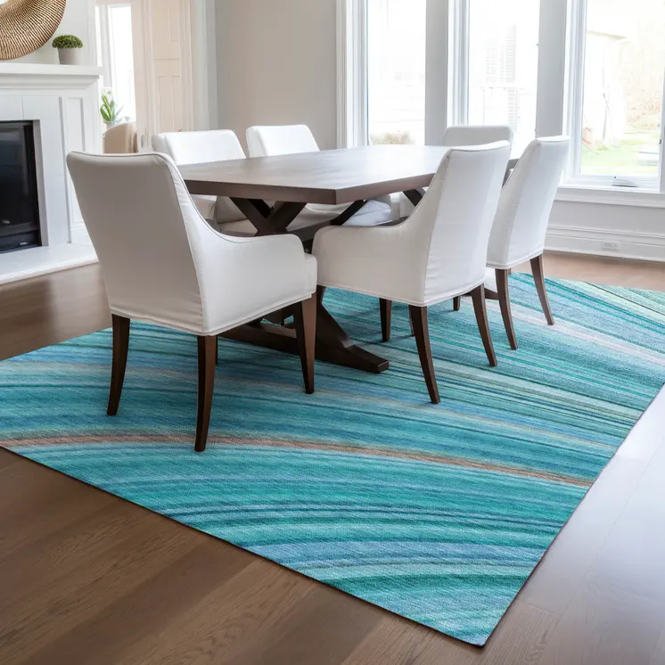 5' X 8' Teal Blue Aqua And Blue Abstract Washable Indoor Outdoor Area Rug