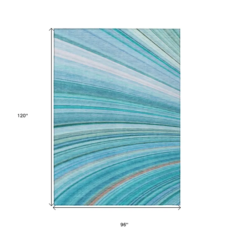 8' X 10' Teal Blue Aqua And Blue Abstract Washable Indoor Outdoor Area Rug