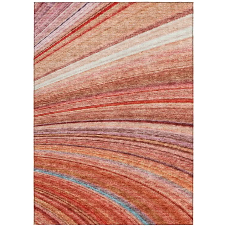 5' X 8' Terra Cotta Salmon And Orange Striped Washable Indoor Outdoor Area Rug