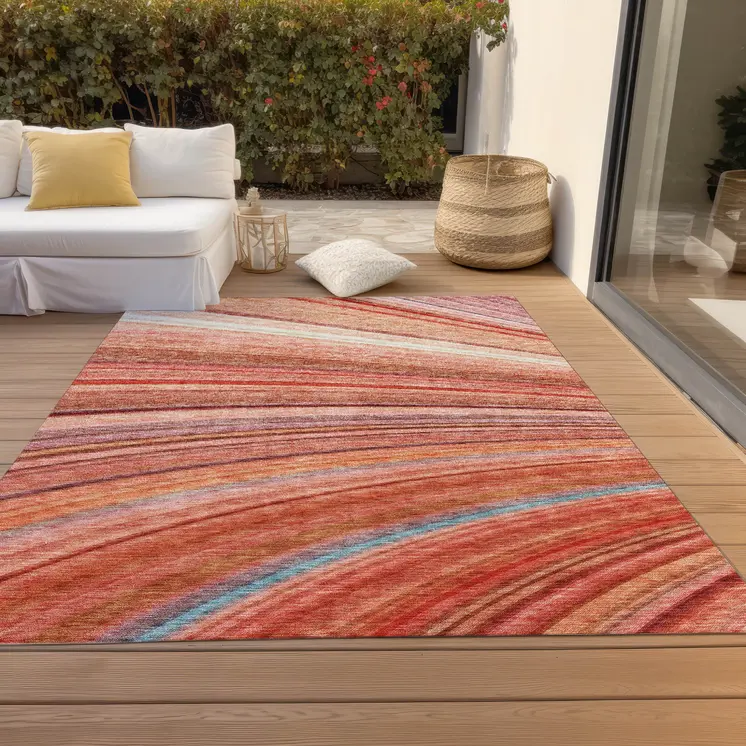 5' X 8' Terra Cotta Salmon And Orange Striped Washable Indoor Outdoor Area Rug