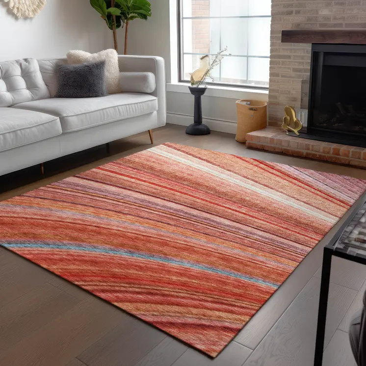 5' X 8' Terra Cotta Salmon And Orange Striped Washable Indoor Outdoor Area Rug