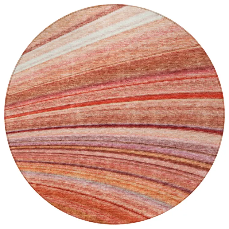 8' Terra Cotta Salmon And Orange Round Striped Washable Indoor Outdoor Area Rug