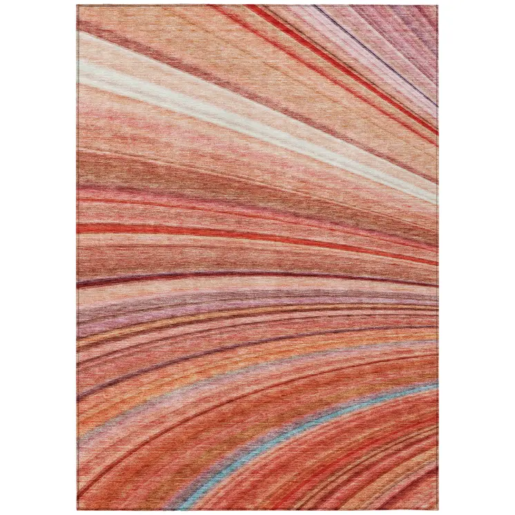 8' X 10' Terra Cotta Salmon And Orange Striped Washable Indoor Outdoor Area Rug