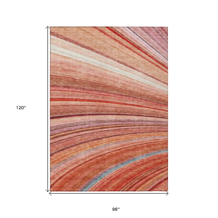 8' X 10' Terra Cotta Salmon And Orange Striped Washable Indoor Outdoor Area Rug